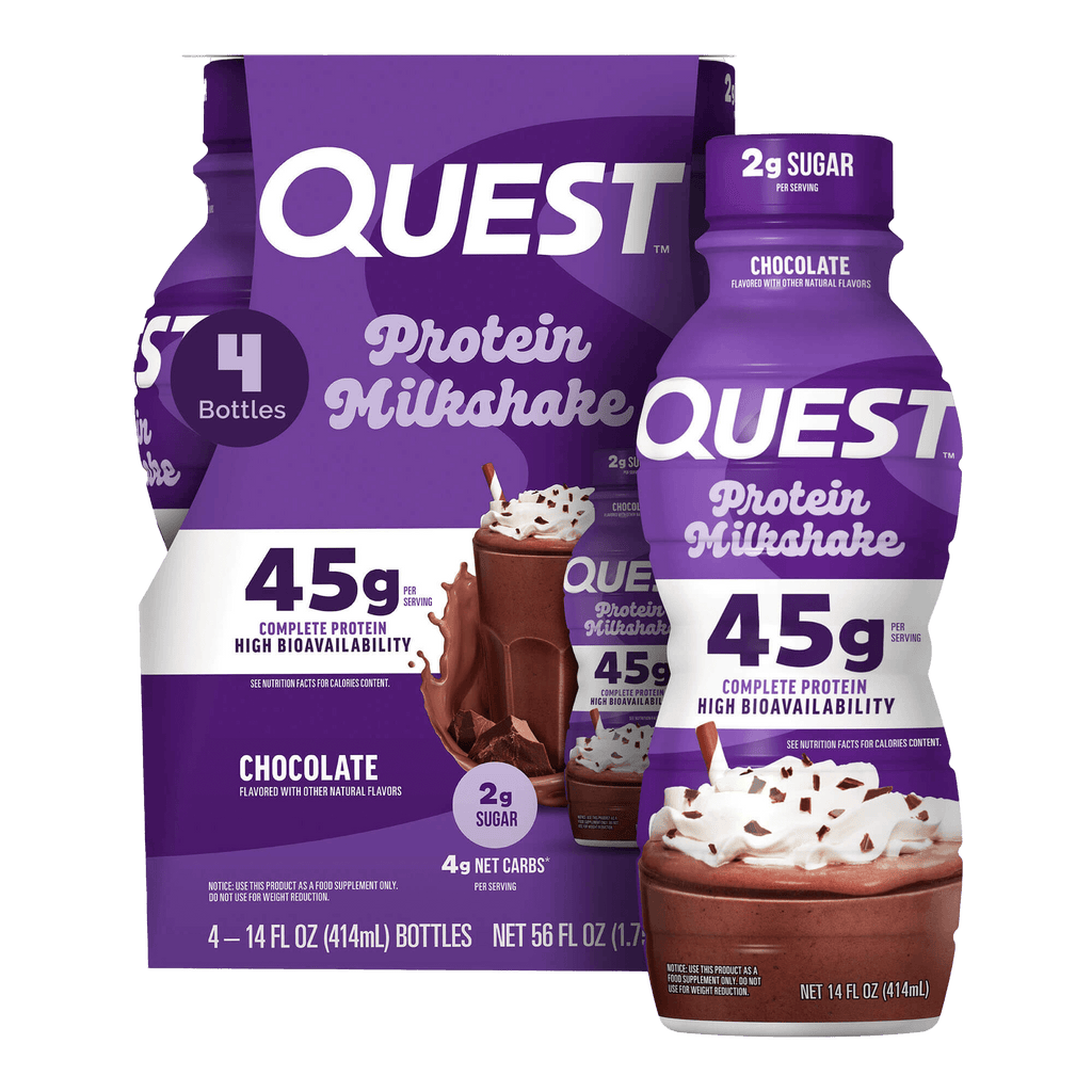 Quest Protein Milkshake Chocolate, 45g protein, 2g sugar, 4g net carbs, 14 fl oz ready-to-drink bottle and 4-pack