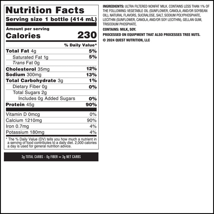 Vanilla 45g Protein Milkshake Nutrition Facts Panel
