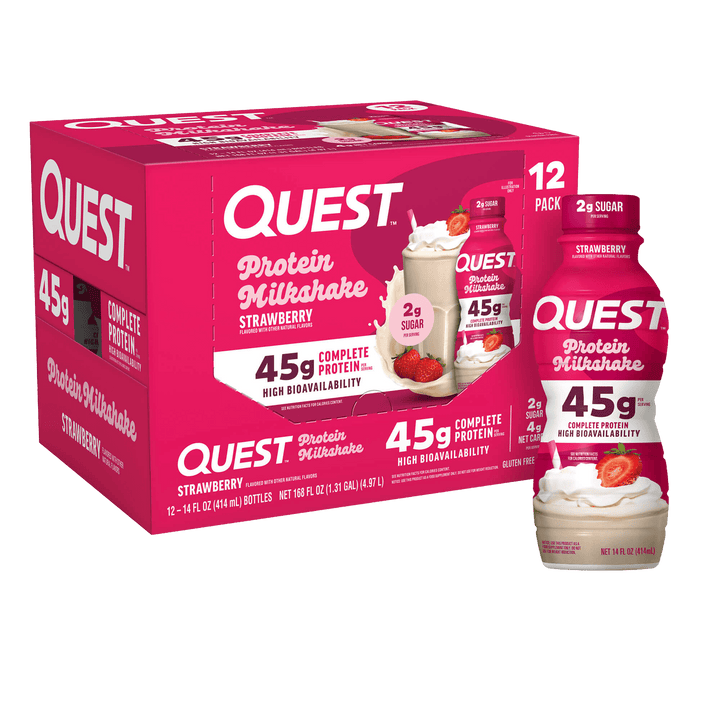 A 12-pack box of Quest Protein Milkshake Strawberry alongside two individual bottles of the same product, shown on a clean white background.