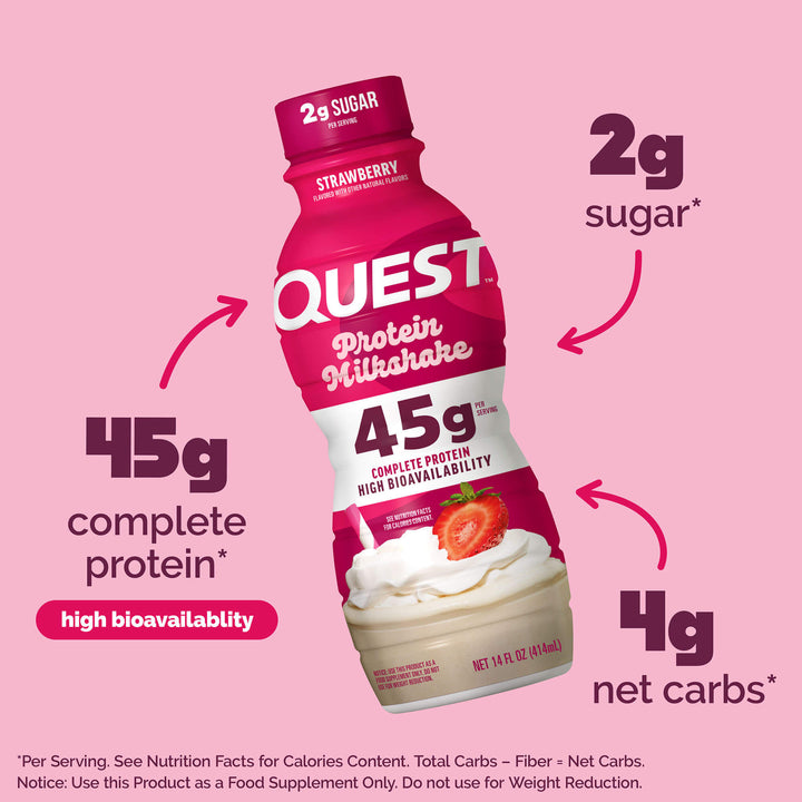 Strawberry 45g Protein Milkshake; 45g complete protein* high bioavailability; 2g sugar*; 4g net carbs*; *Per serving. See Nutrition Facts for calories content. Total carbs - Fiber = Net carbs. Notice: Use this product as a food supplement only. Do not use for weight reduction.