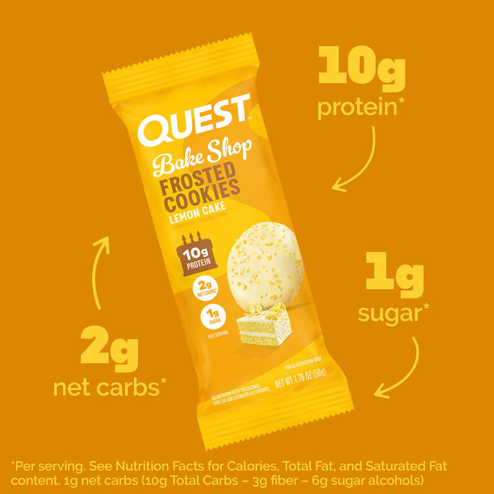 Lemon Cake Frosted Cookies Twin Pack; 10g protein*; 2g net carbs*; 1g sugar*; *Per serving. See Nutrition Facts for calories, total fat and saturated fat contents. 1g net carbs (10g total carbs - 3g fiber - 6g sugar alcohols)