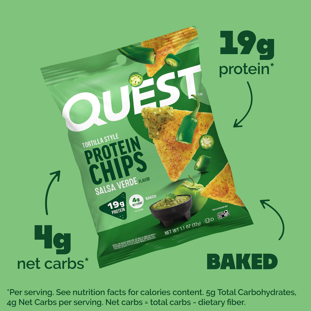 Salsa Verde Tortilla Style Protein Chips; 19g protein*; 4g net carbs*; Baked; *Per serving. See Nutrition Facts for calories content. 5g Total carbohydrates, 4g Net carbs per serving. Net carbs + total carbs - dietary fiber.
