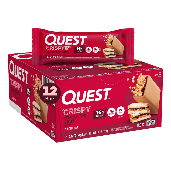 Box of Quest Crispy Peanut Butter and Jelly protein bars 