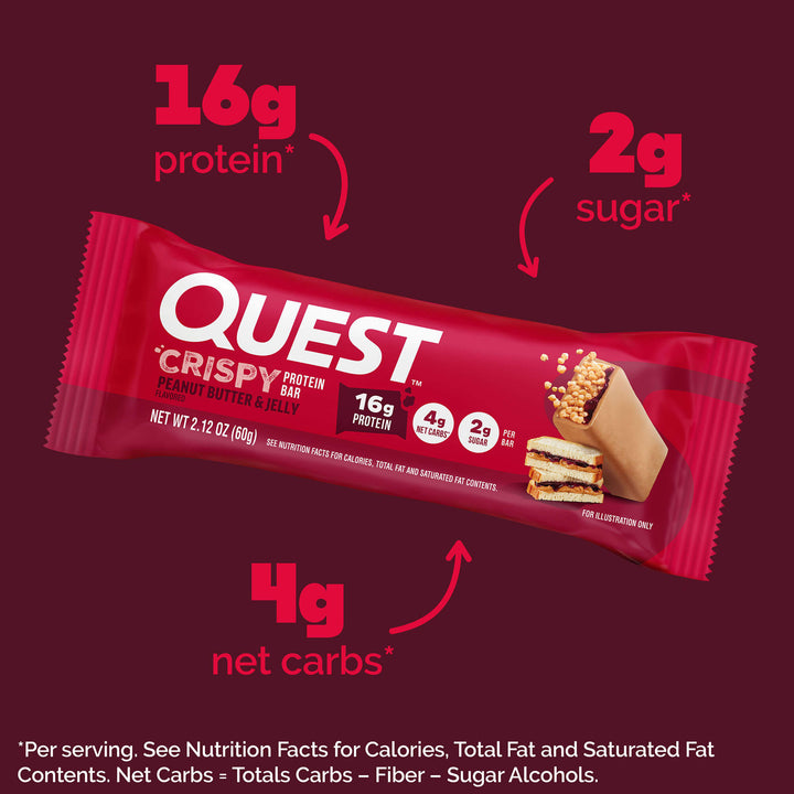 Quest Crispy protein bar packaging with nutritional information on a red background