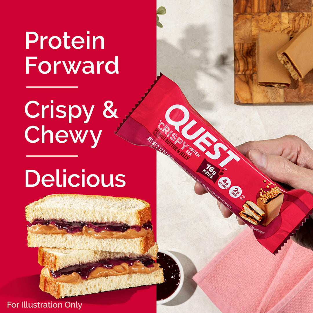 Quest protein bar packaging with a hand holding it, and a peanut butter sandwich on a red background.
