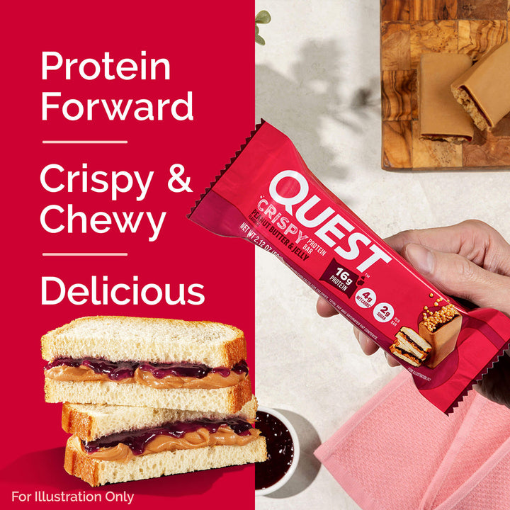 Quest protein bar packaging with a hand holding it, and a peanut butter sandwich on a red background.