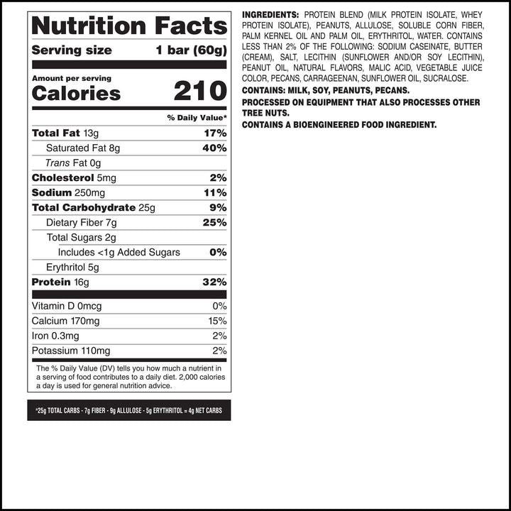 Nutrition facts label for a protein bar on a white background