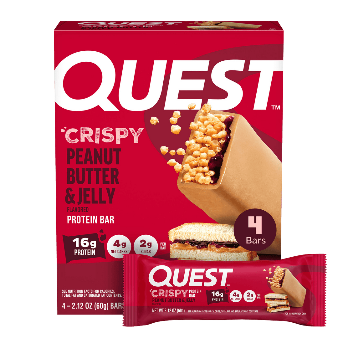 Quest Crispy Peanut Butter & Jelly protein bar packaging on a black background