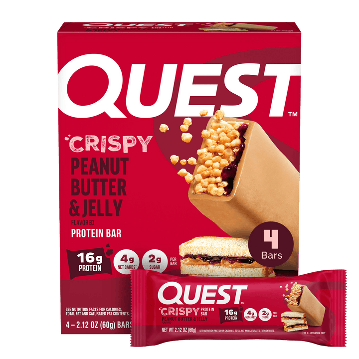 Quest Crispy Peanut Butter & Jelly protein bar packaging on a black background