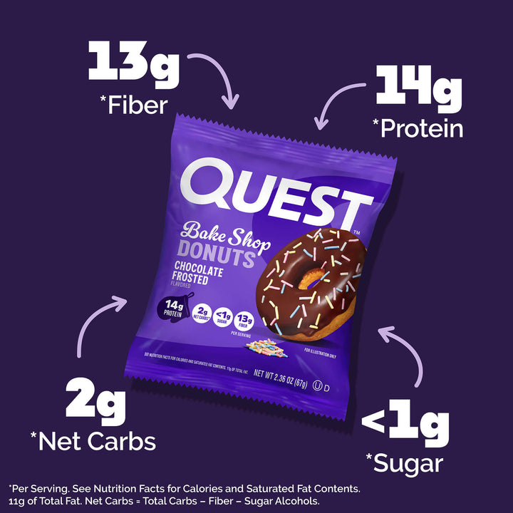 Quest Bake Shop Donuts package with nutritional information on a dark background