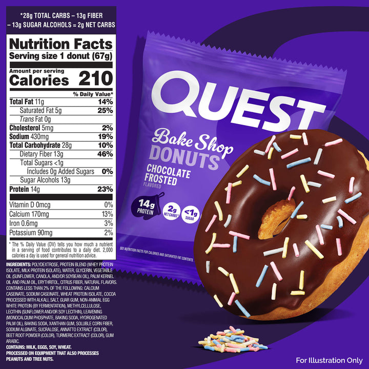 Quest Bake Shop Donuts packaging with a chocolate frosted donut and nutritional information on a purple background