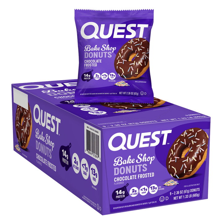 Quest Bake Shop Donuts packaging with a purple box and donut 