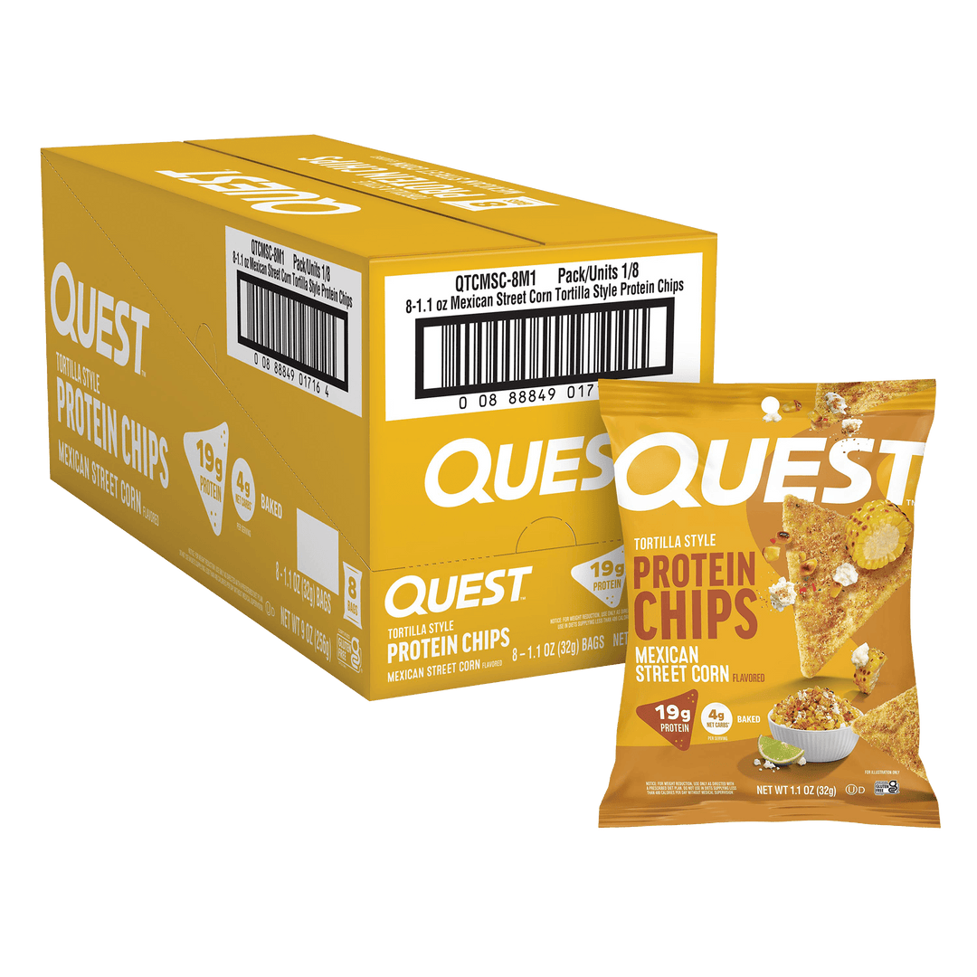 Quest protein chips packaging including a box and a single packet 