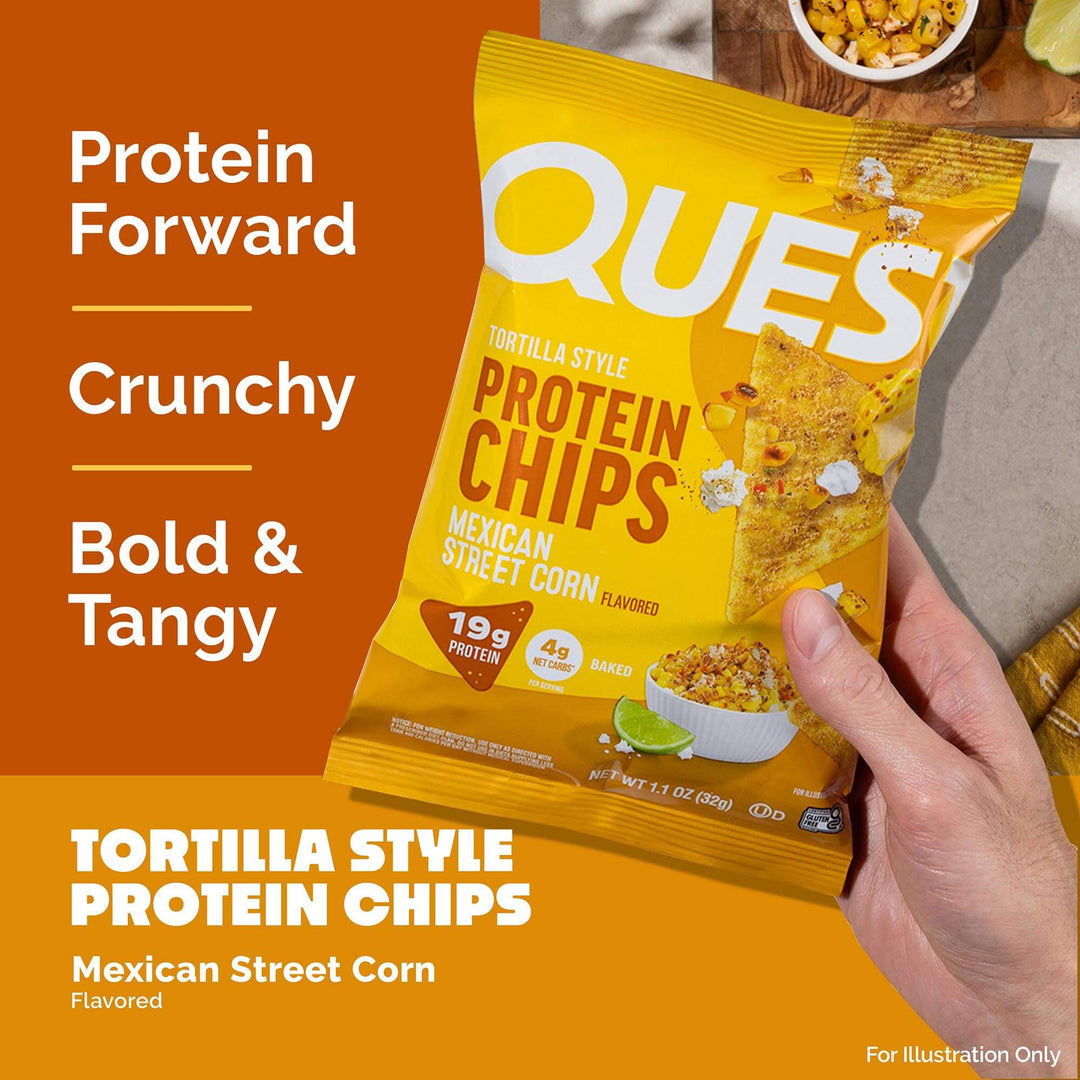 Yellow package of QUES protein chips held by a hand with descriptive text on an orange background