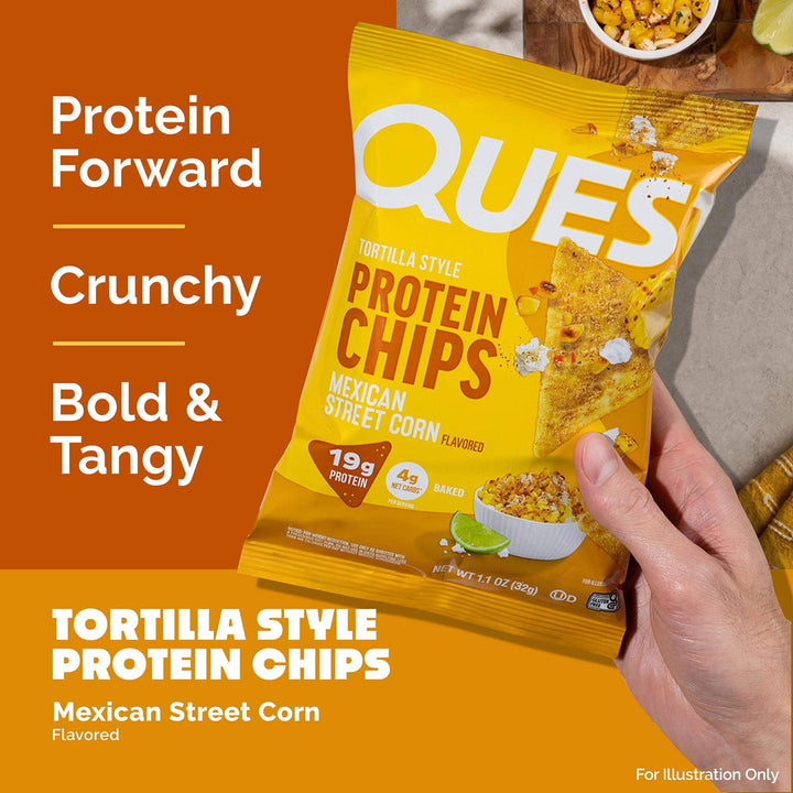 Yellow package of QUES protein chips held by a hand with descriptive text on an orange background