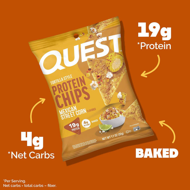 Quest protein chips package on an orange background with nutritional information.