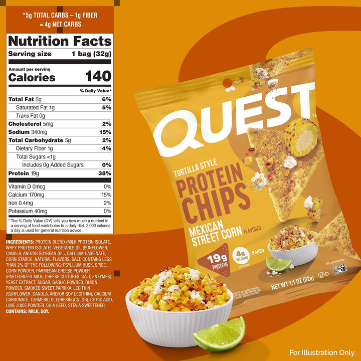 Quest Tortilla Style Protein Chips packaging with nutritional information on an orange background