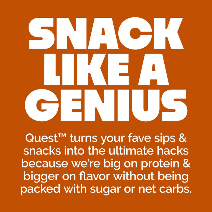 Promotional text for Quest protein snacks on an orange background