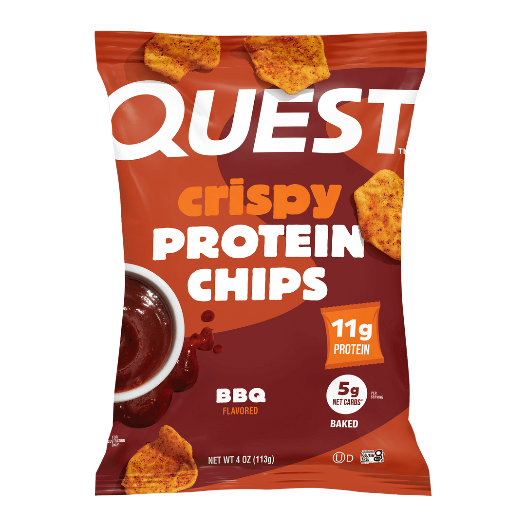 Bag of Quest BBQ flavored crispy protein chips against a black background. It highlights “11g protein” and “5g net carbs.” A BBQ sauce bowl is pictured.