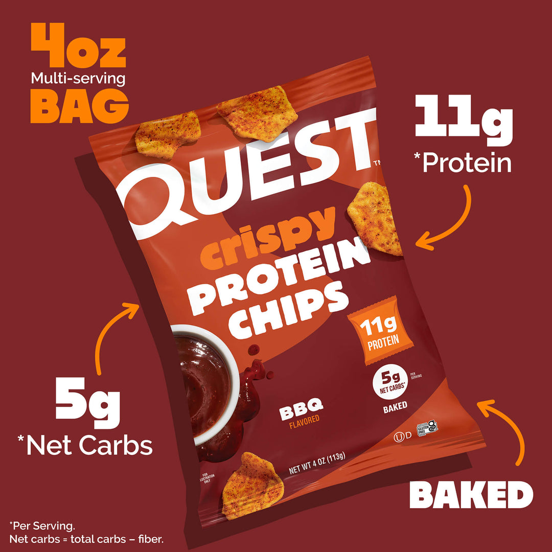 Packaging of Quest BBQ Crispy Protein Chips with orange highlights. Text indicates 11g protein, 5g net carbs per serving. Bag size 4oz, baked snack.