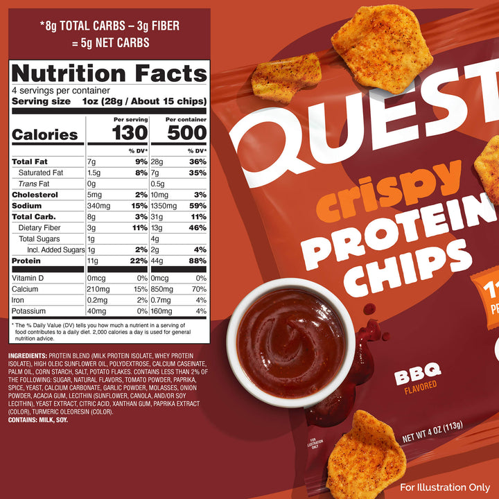 Packaging for BBQ-flavored Quest Crispy Protein Chips with nutritional facts, ingredients, and an image of chips with dip on a vibrant orange background.
