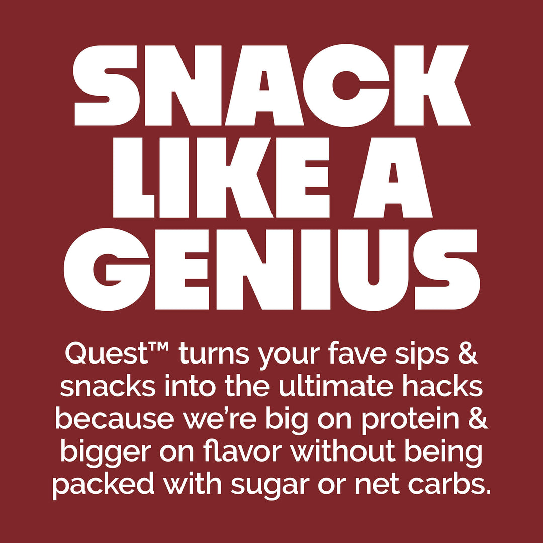 Bold white text on a dark red background reads "SNACK LIKE A GENIUS." Below, smaller text promotes high-protein, low-sugar snacks by Quest™.
