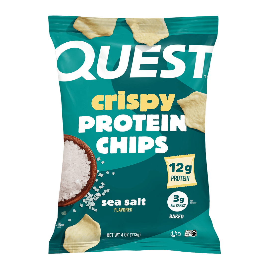 Blue bag of Quest crispy protein chips, sea salt flavor. Emphasizes 12g protein, 3g net carbs, and baked. Image includes salt bowl and chips.