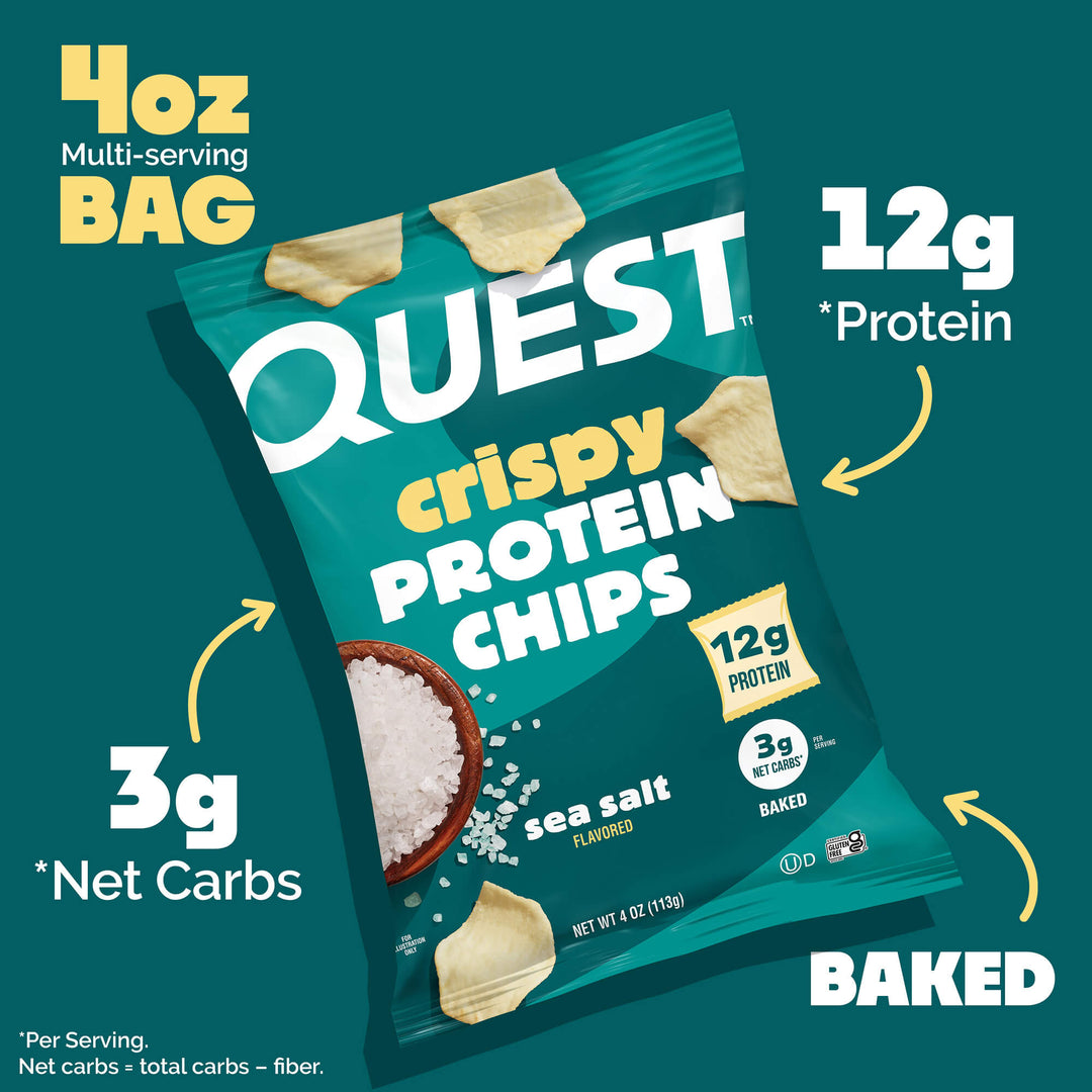 Packet of Quest crispy protein chips in sea salt flavor on a teal background. Highlights: 4oz bag, 12g protein, 3g net carbs, baked. Bowl of salt depicted.