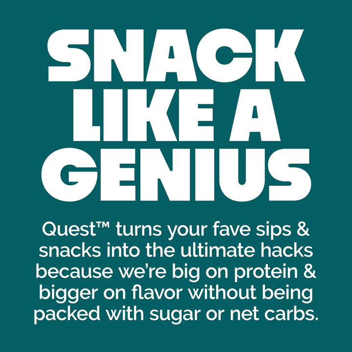 Bold white text on a teal background reads, "SNACK LIKE A GENIUS." Below, smaller text promotes Quest snacks as protein-rich with flavor, low in sugar and carbs.