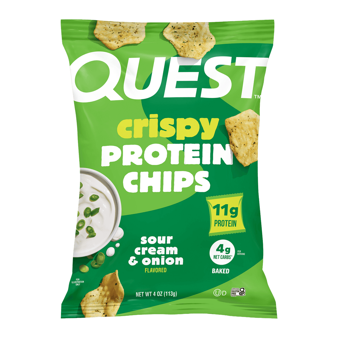 A green bag of Quest Crispy Protein Chips in sour cream and onion flavor. Highlights include 11g of protein and 4g net carbs. The mood is fresh and healthy.