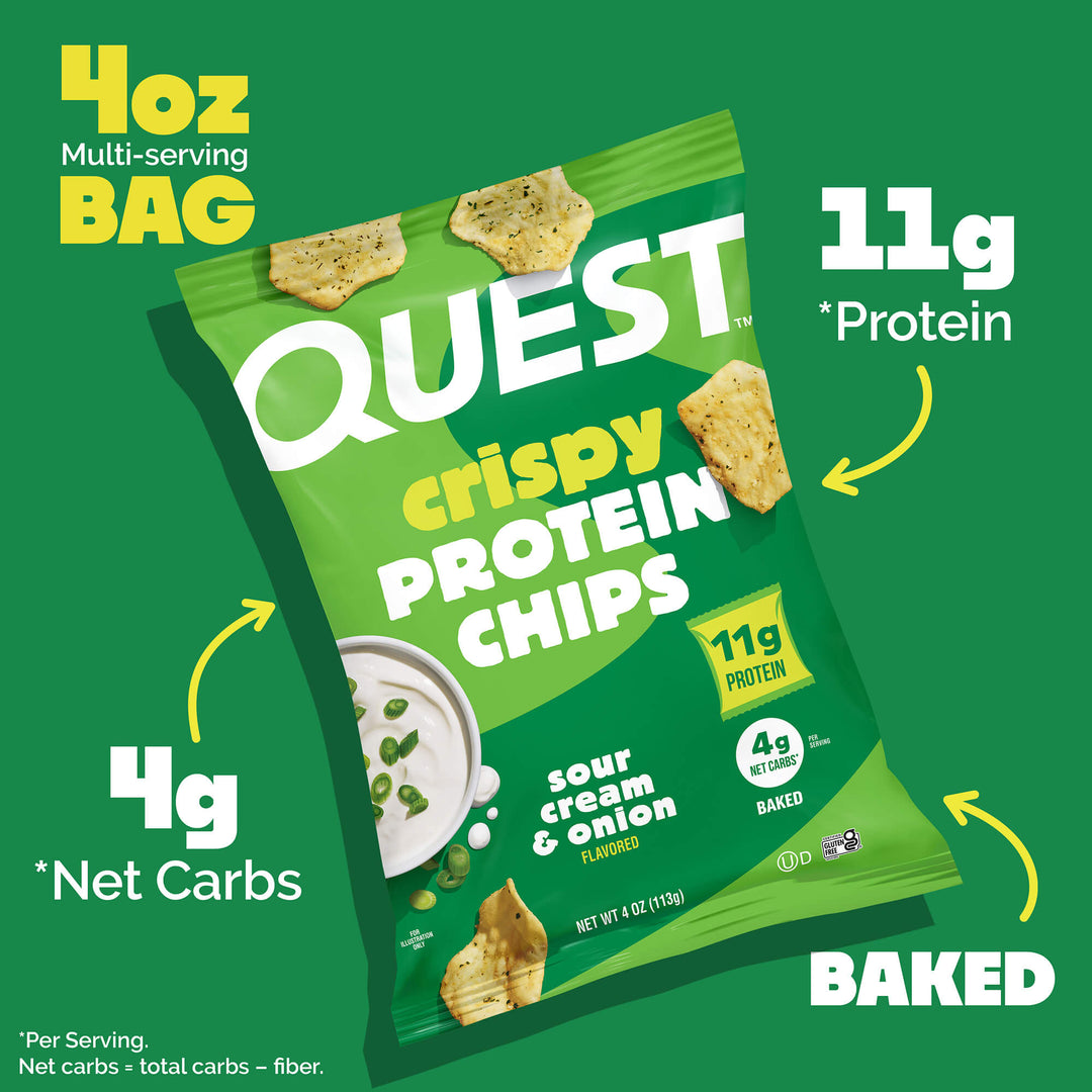Bag of Quest crispy protein chips, sour cream & onion flavor. Green background with the text highlighting 4g net carbs, 11g protein, and "baked."