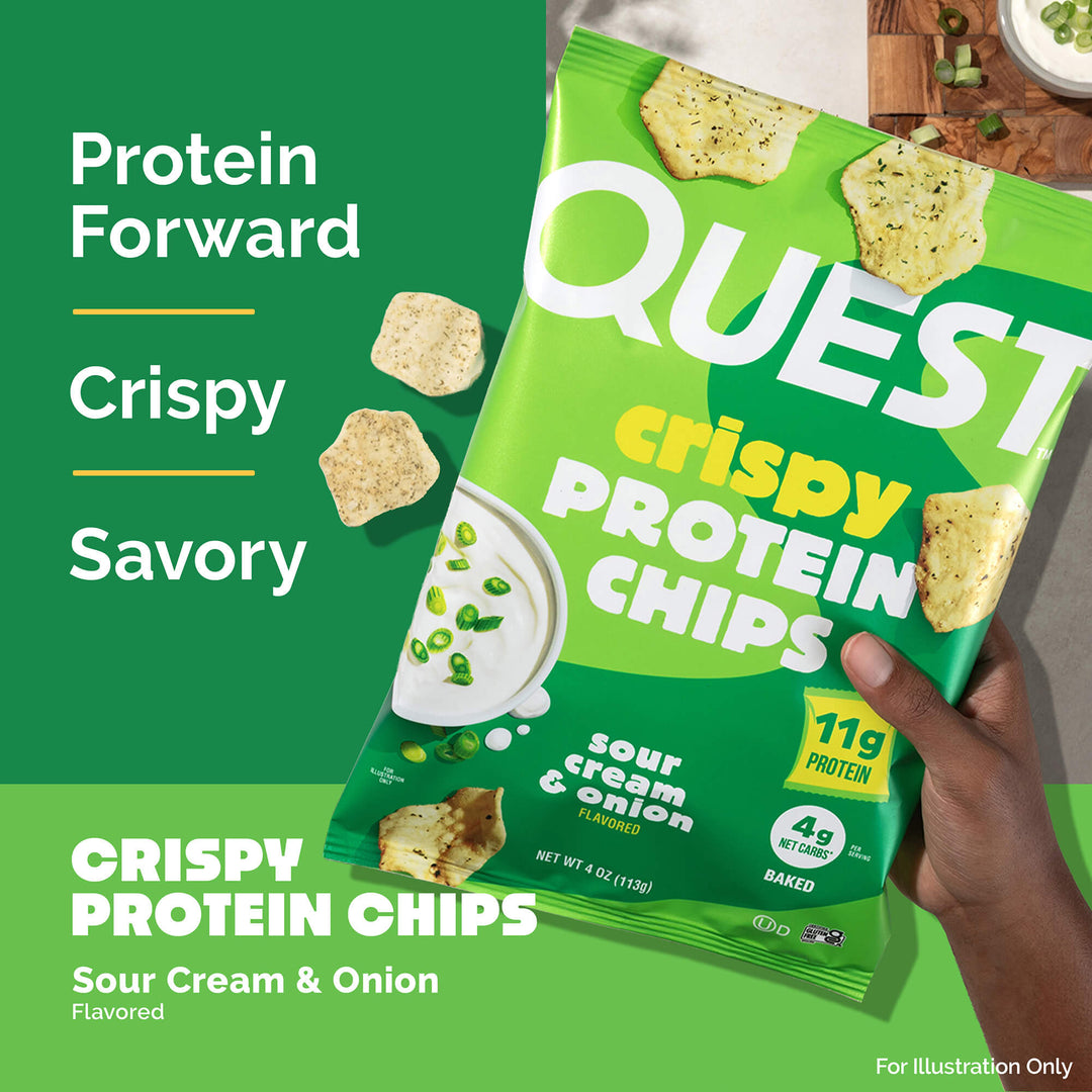 Bag of Quest crispy protein chips in sour cream and onion flavor is held by a hand. Words "Protein Forward, Crispy, Savory" are displayed beside it.
