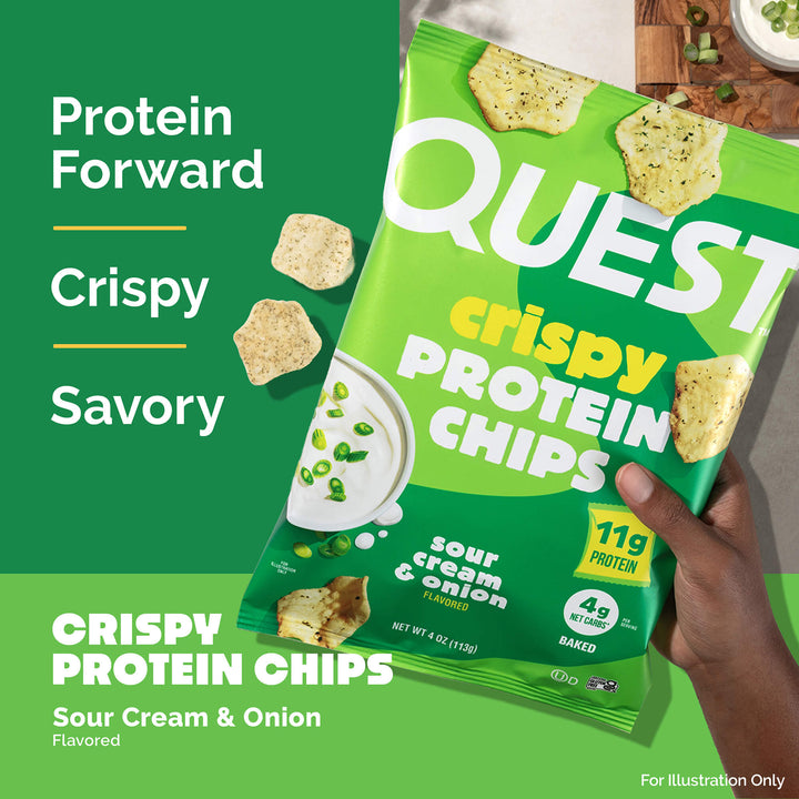 Bag of Quest crispy protein chips in sour cream and onion flavor is held by a hand. Words "Protein Forward, Crispy, Savory" are displayed beside it.
