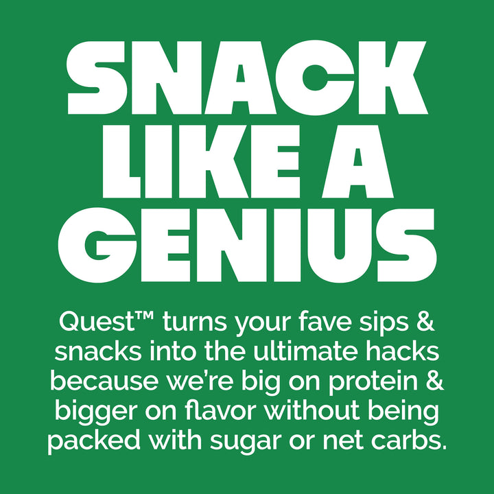 White text on a green background reads, "SNACK LIKE A GENIUS." Below, smaller text describes Quest snacks as high in protein and flavor, low in sugar.