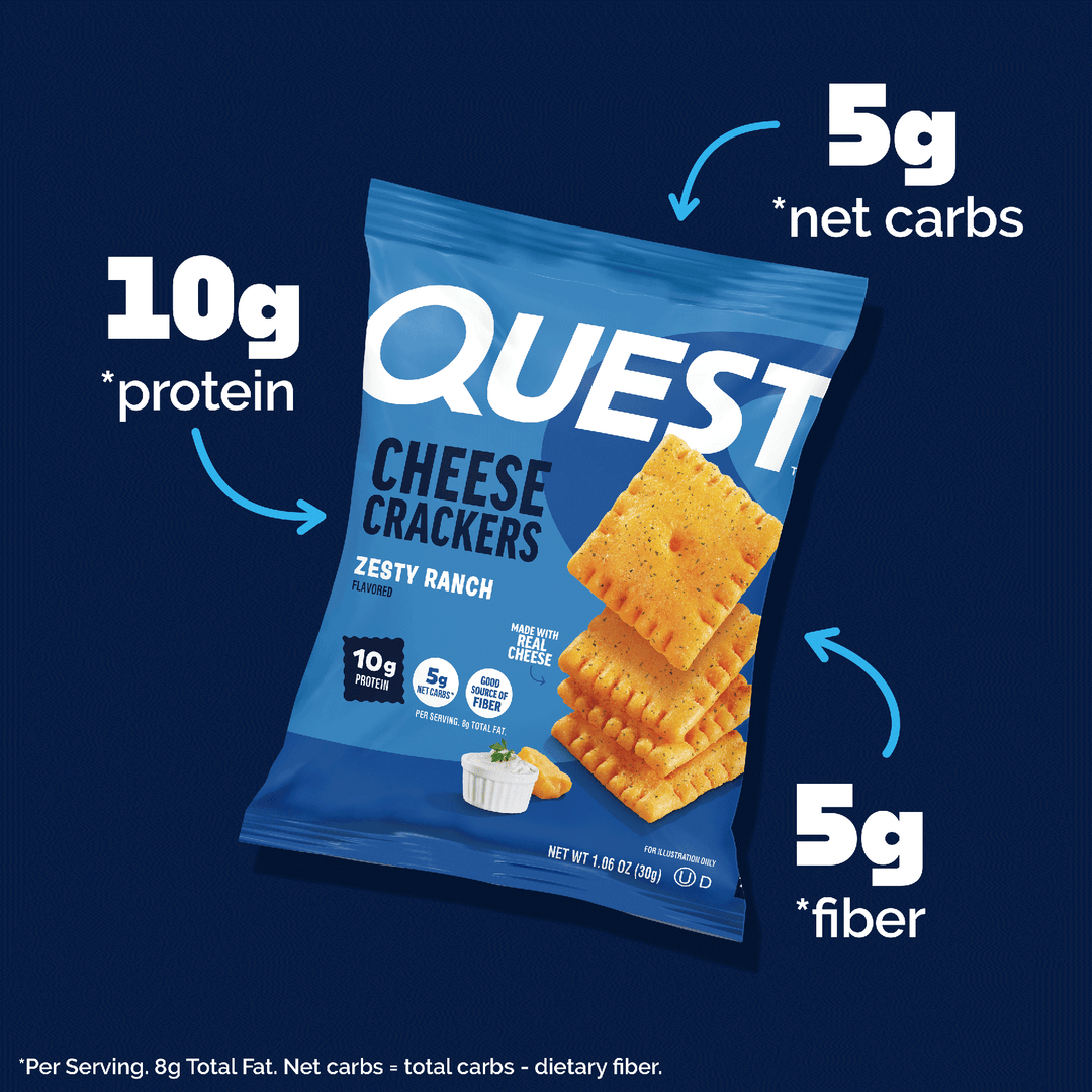 Quest Cheese Crackers package with nutritional information on a dark blue background