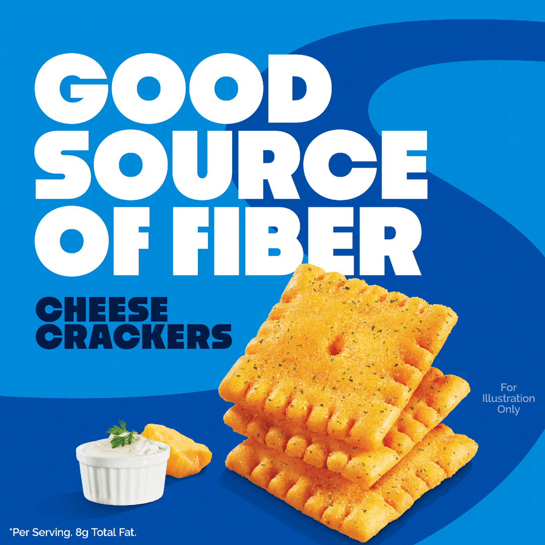 Cheese crackers with a blue background and text indicating they are a good source of fiber.