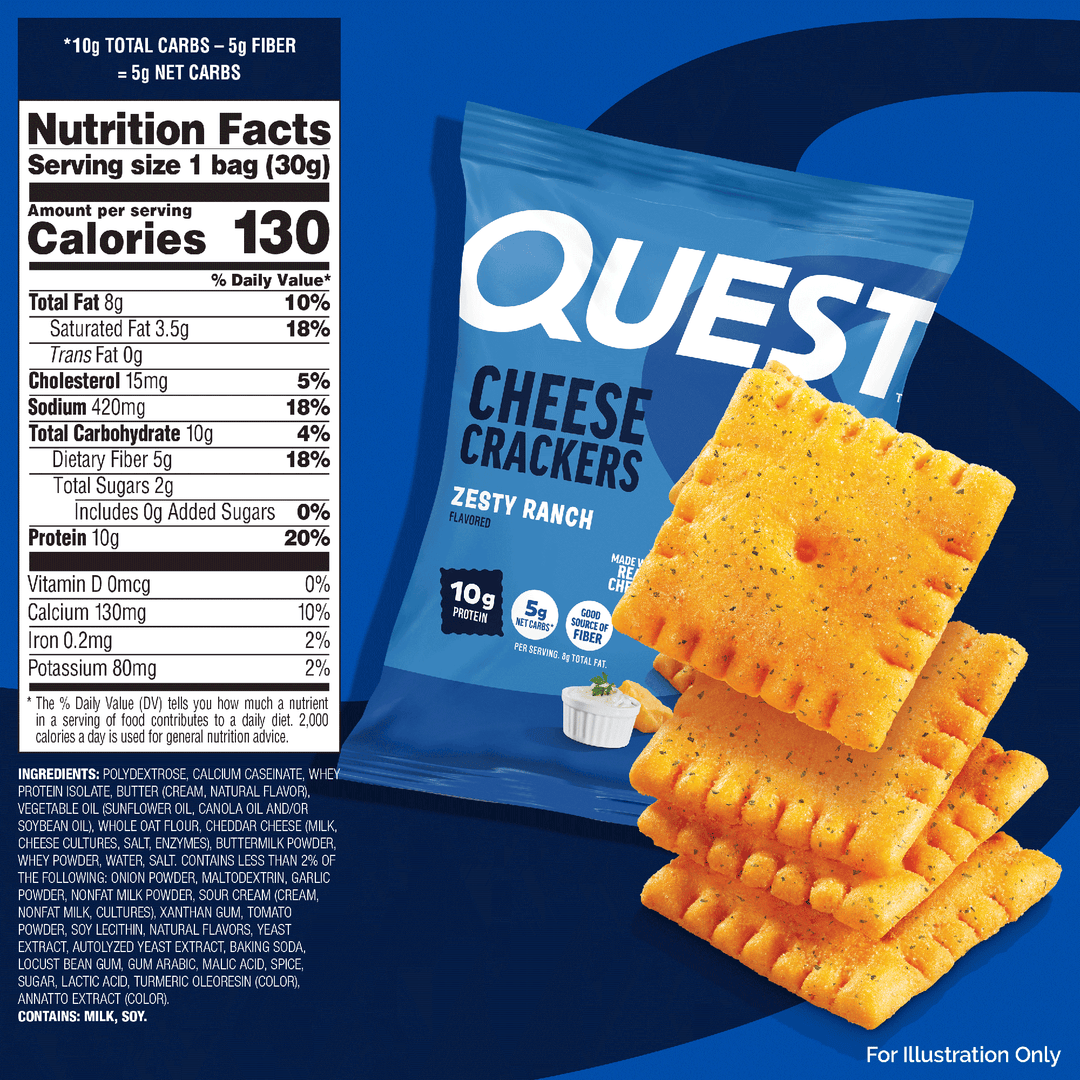 Quest Cheese Crackers Zesty Ranch package with nutrition facts label on a blue background