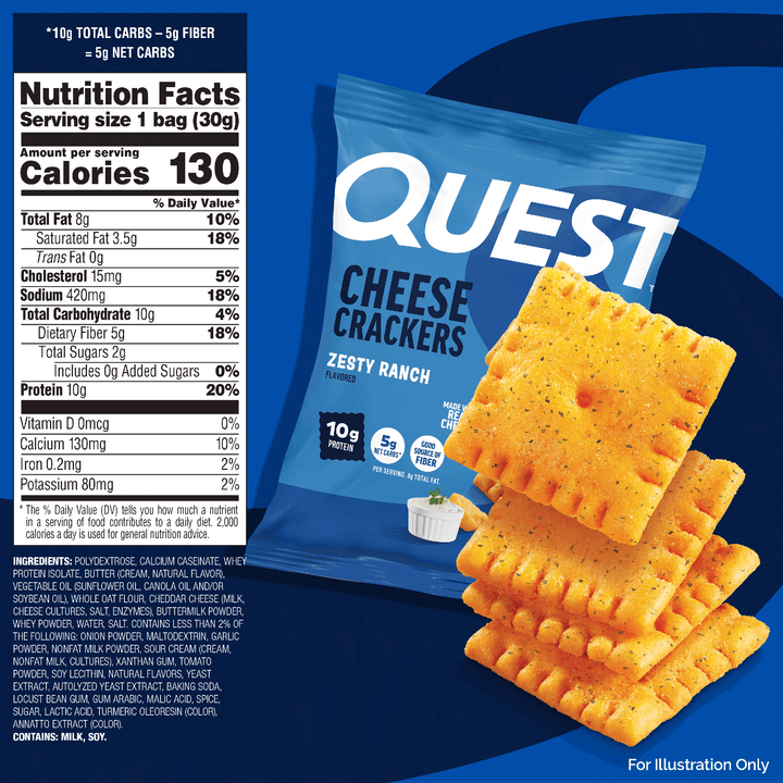 Quest Cheese Crackers Zesty Ranch package with nutrition facts label on a blue background