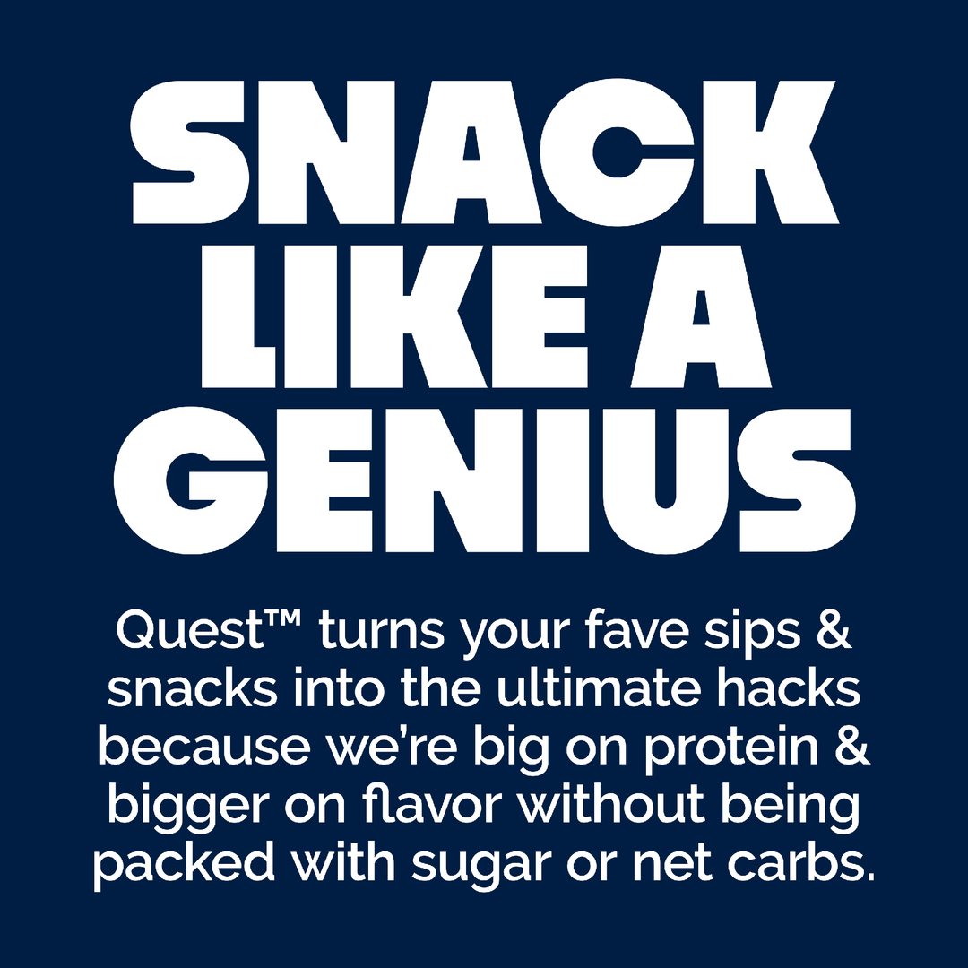 Promotional graphic with text 'SNACK LIKE A GENIUS' on a blue background, featuring the brand 'Quest'.