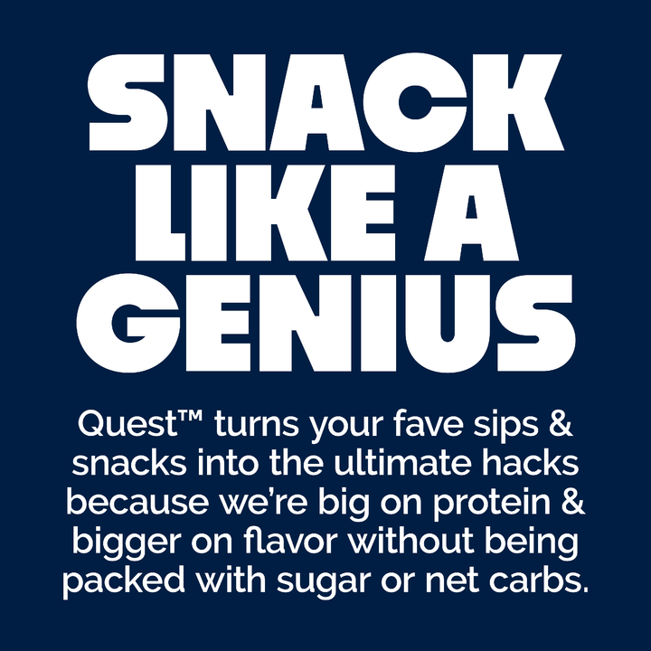 Promotional graphic with text 'SNACK LIKE A GENIUS' on a blue background, featuring the brand 'Quest'.