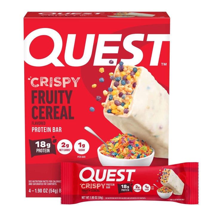 Quest Crispy Fruity Cereal Protein Bar packaging on a white background