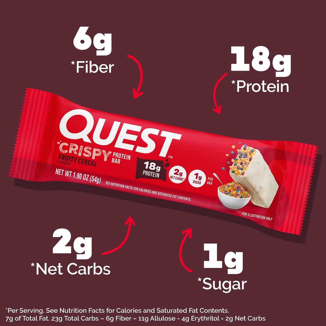 Red Quest Crispy protein bar with nutritional information on a dark red background