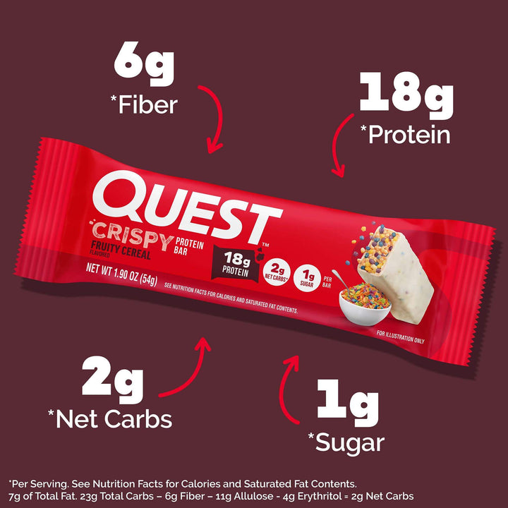 Red Quest Crispy protein bar with nutritional information on a dark red background