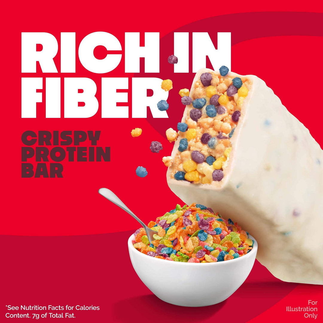 Crispy protein bar with colorful cereal pieces on a red background, labeled 'Rich in Fiber'.