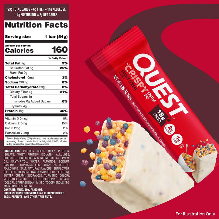 Quest protein bar packaging with nutritional information on a red background