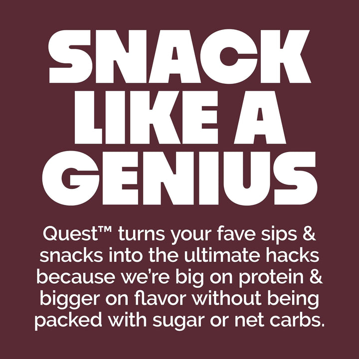 Promotional text for Quest snacks on a maroon background
