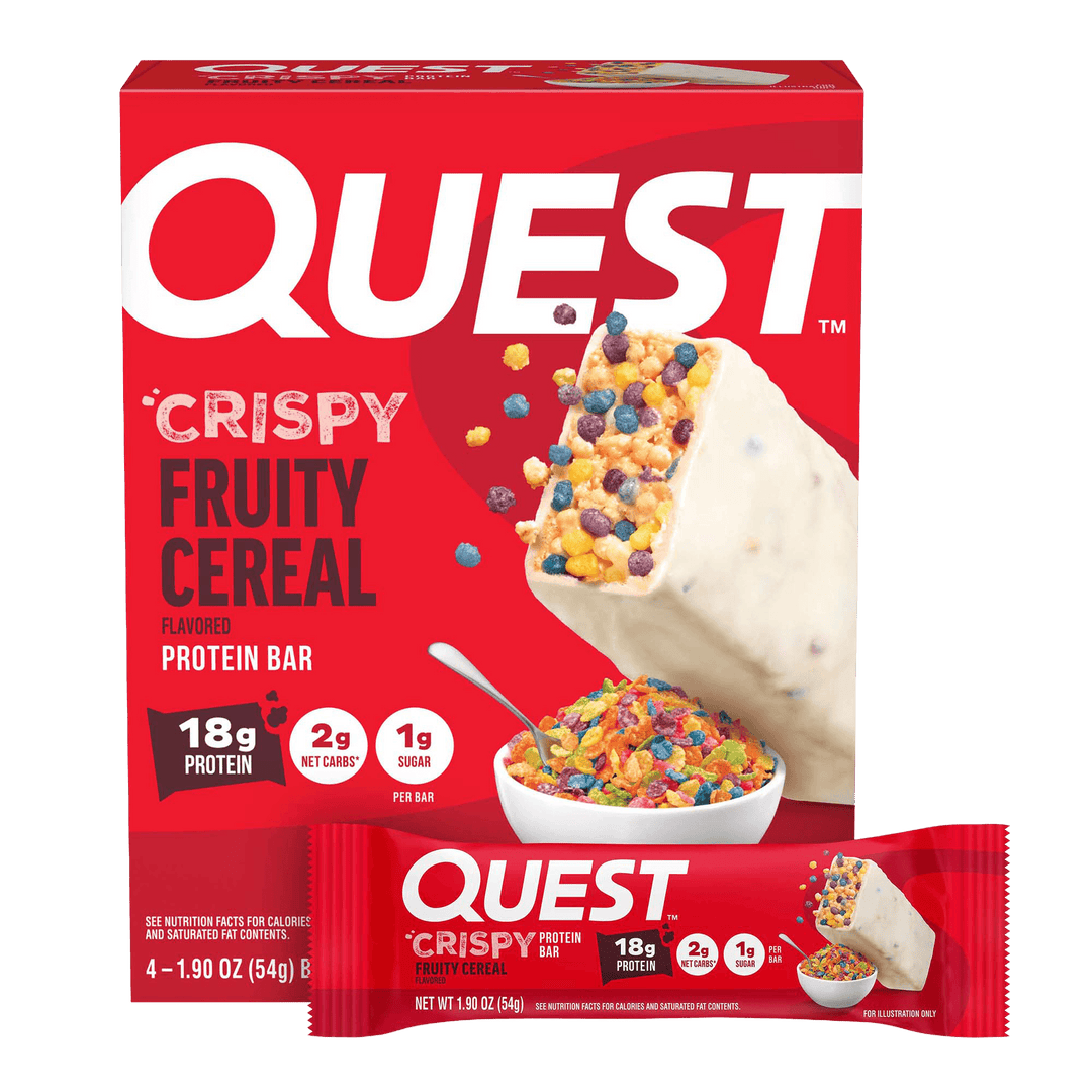 Quest Crispy Fruity Cereal protein bar packaging on a black background