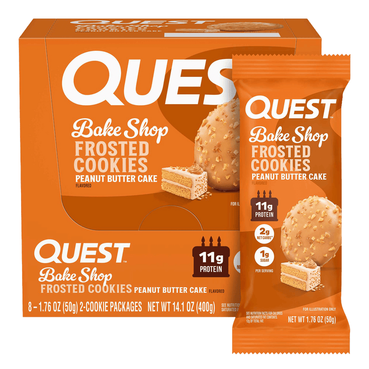 Orange box and packet of Quest Bake Shop Frosted Cookies, flavored as peanut butter cake. Each cookie provides 11g protein, 2g net carbs, 1g sugar.