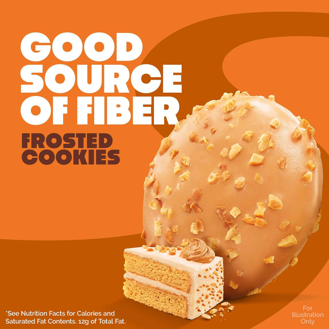 A large frosted cookie topped with nuts and a cake slice is set against an orange background. Bold text reads "Good Source of Fiber, Frosted Cookies" in white and brown.