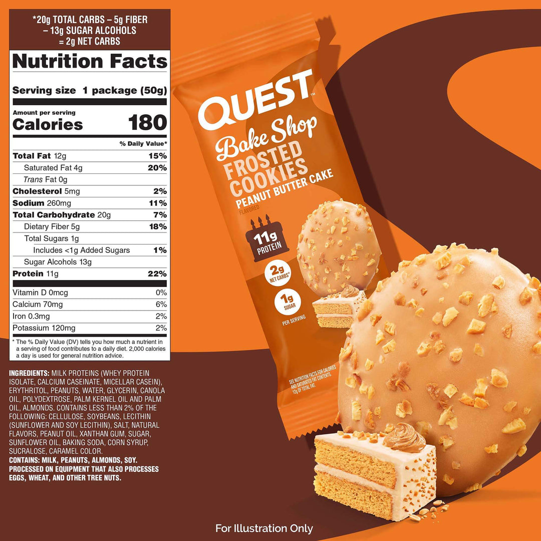 Image of Quest Bake Shop Frosted Cookies, Peanut Butter Cake flavor. Features detailed nutritional facts, packaging, and cookie visuals on an orange background.